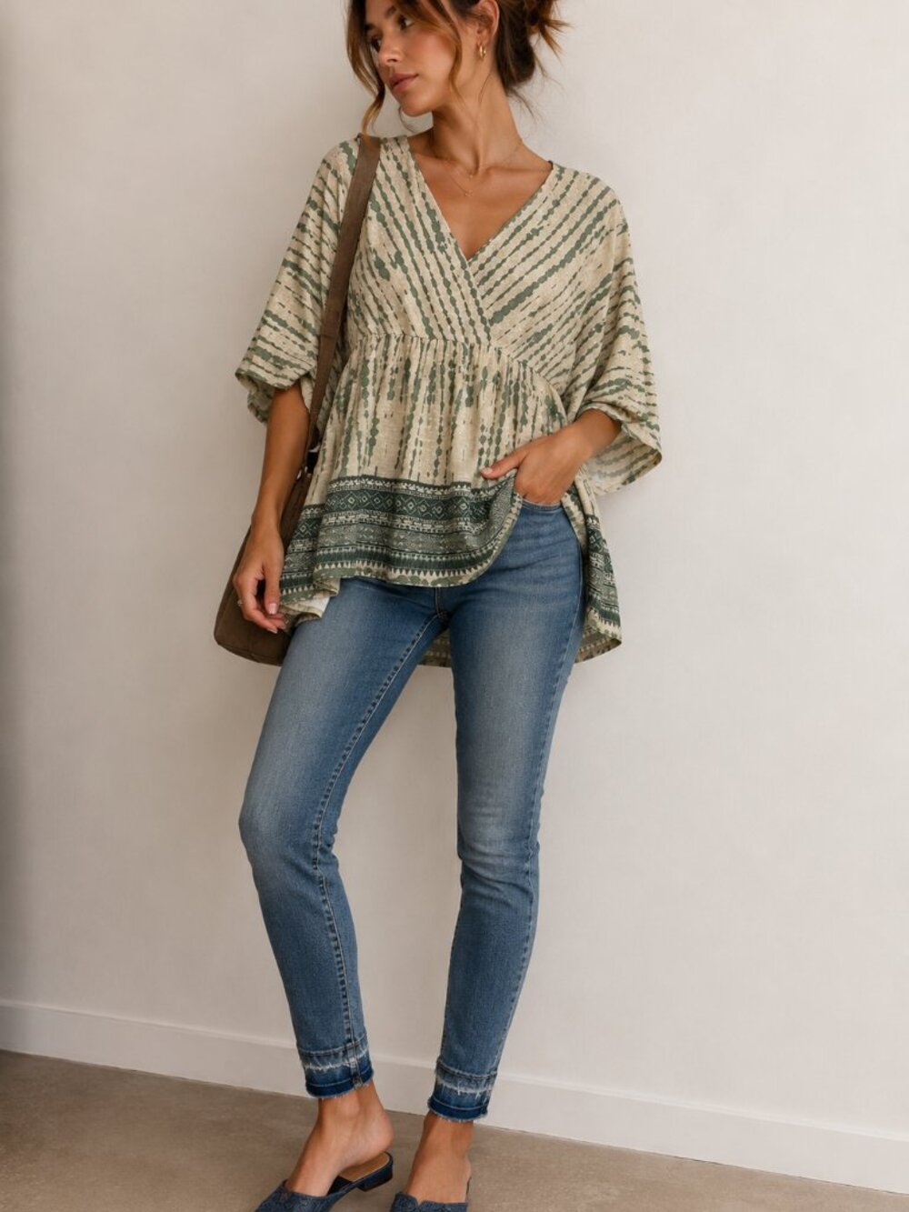 Weekend Susan Betro Green Cream Boho Peplum Blouse Womens XL Faux Wrap Top